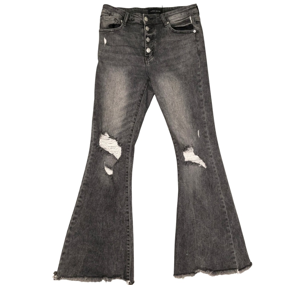 Risen Jeans Flare Jeans Womens 7/28 Black Distressed Button Fly Raw Hem RDP1438